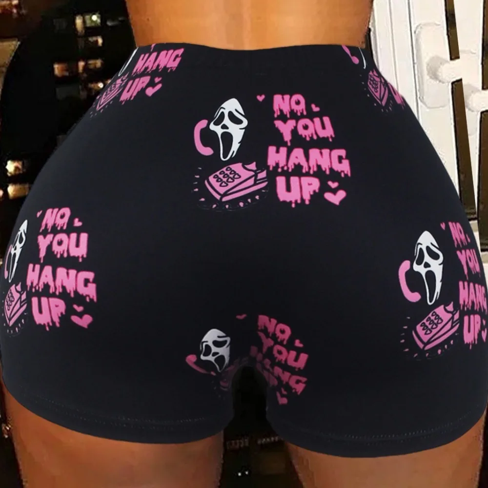 Ghost Seamless Yoga Shorts Tight Halloween Letter Printing Skull Shorts for Women Peach Butt High Waist Butt Lifting Leggings