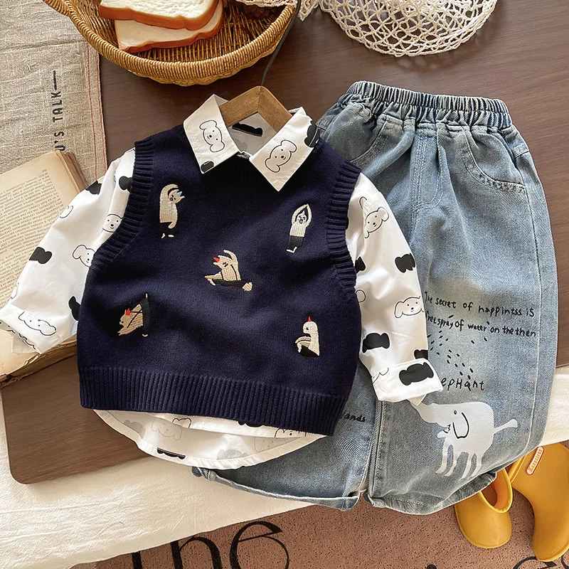 Baby Boys Autumn Outfit Set Stylish Children's Sweater Vest Shirt Denim Pants Casual Three-piece Suit for Kids