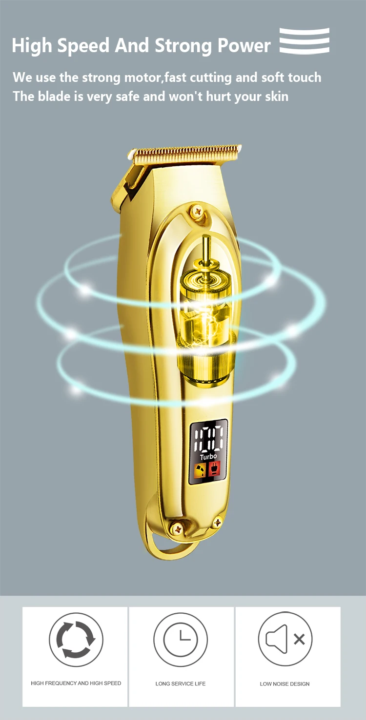 Htc At-176 Golden Color Blade New Patent Design Total Metal Cover With Led Display Lithium Battery T-Blade Hair Clipper