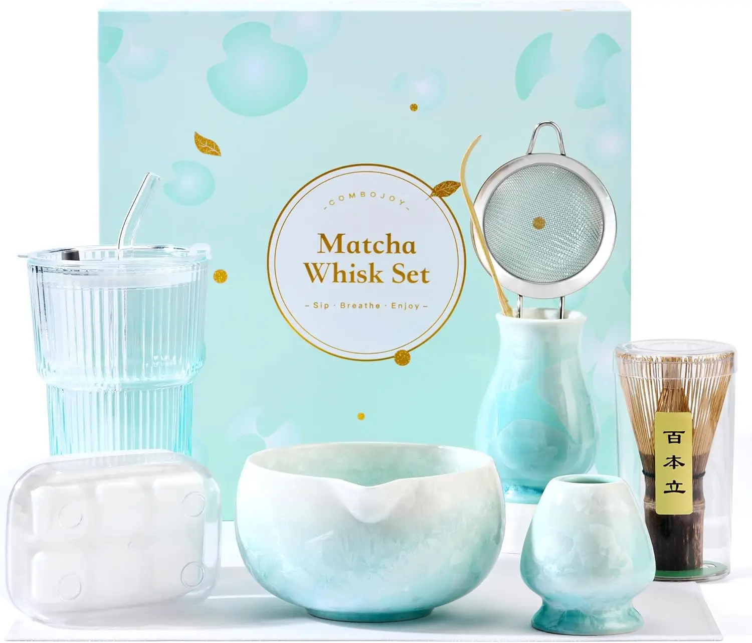 Set de Regalo de Matcha Azul con Tazón Cristalino, Batidor de Bambú, Cuchara, Taza, Bandeja para Hielo y Toalla para Mujer