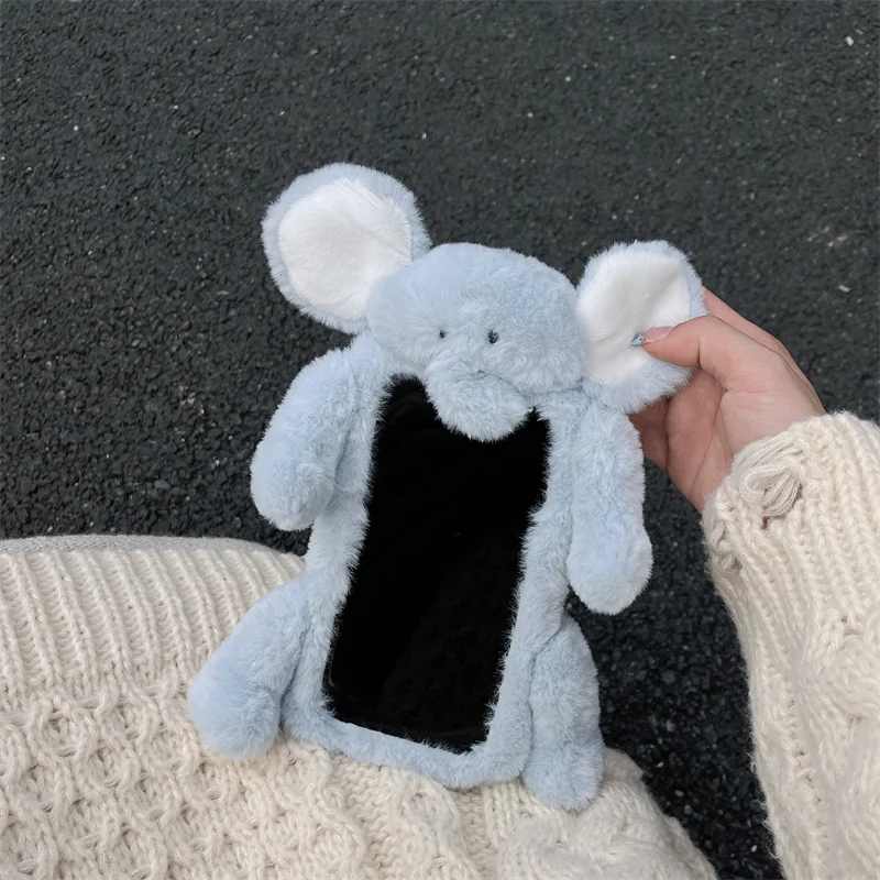 Cartoon Elephant Fluffy Fuzzy Plush Fur Case For iphone 16 pro max warm Cute Soft Phone cover for iphone 15 14 12 13 pro max 14P