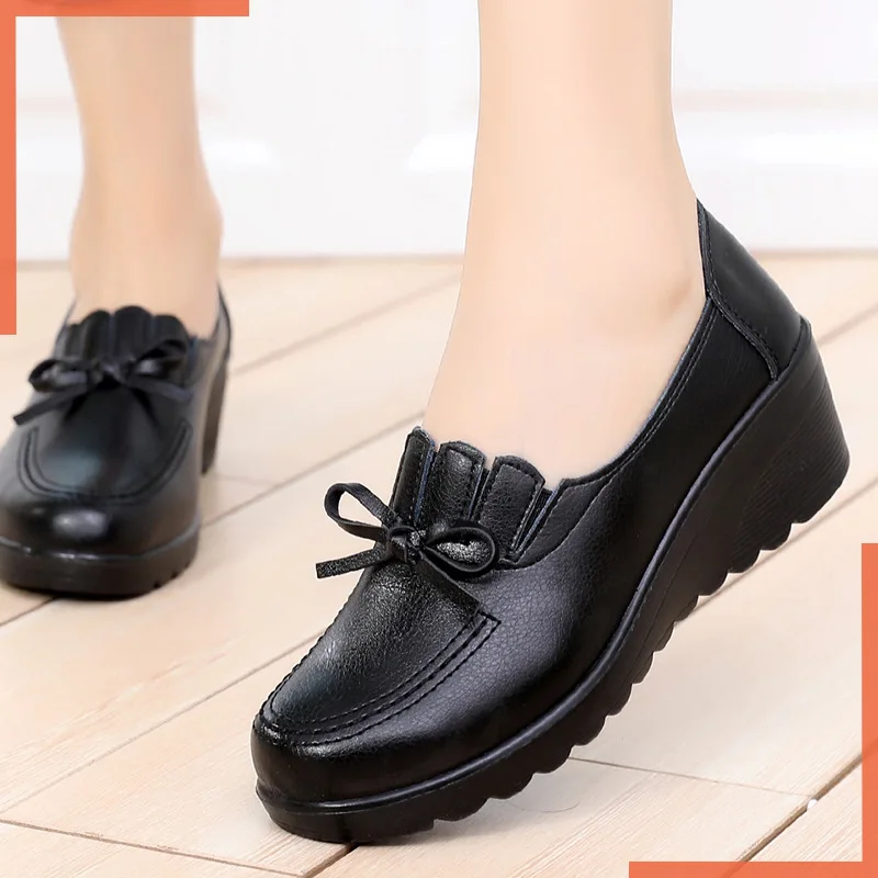 Spring Autumn New Genuine Leather Women's Single Shoes Wedges Soft Sole Comfortable Large Size Mother's Black High Heels Shoes