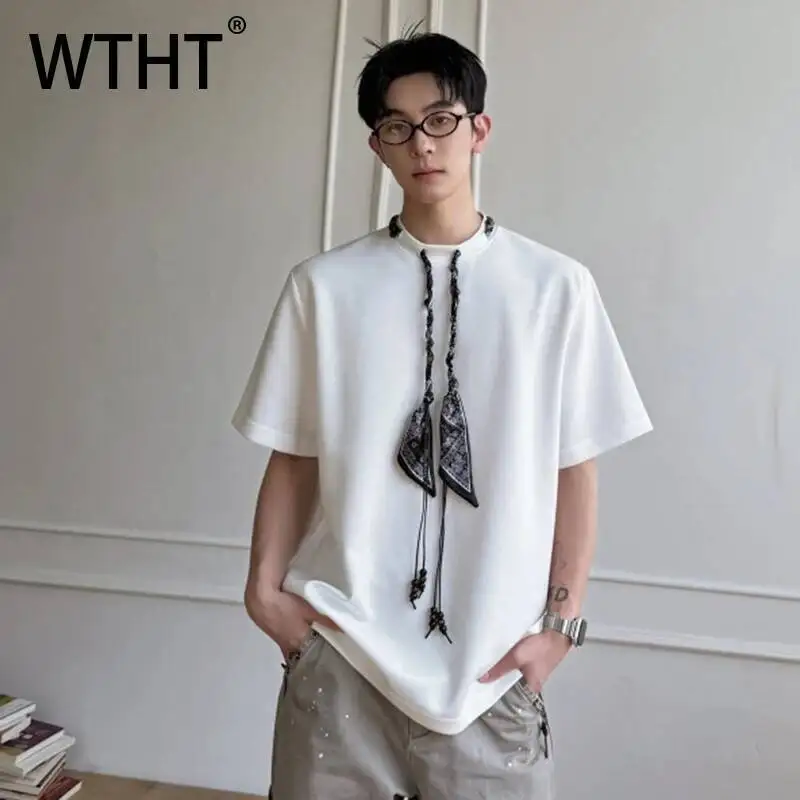 WTHT Camisetas de moda para hombre con diseño de cuentas y vendas empalmadas, camisetas de color sólido, camisetas de manga corta con cuello redondo a la moda para hombre 2A3014