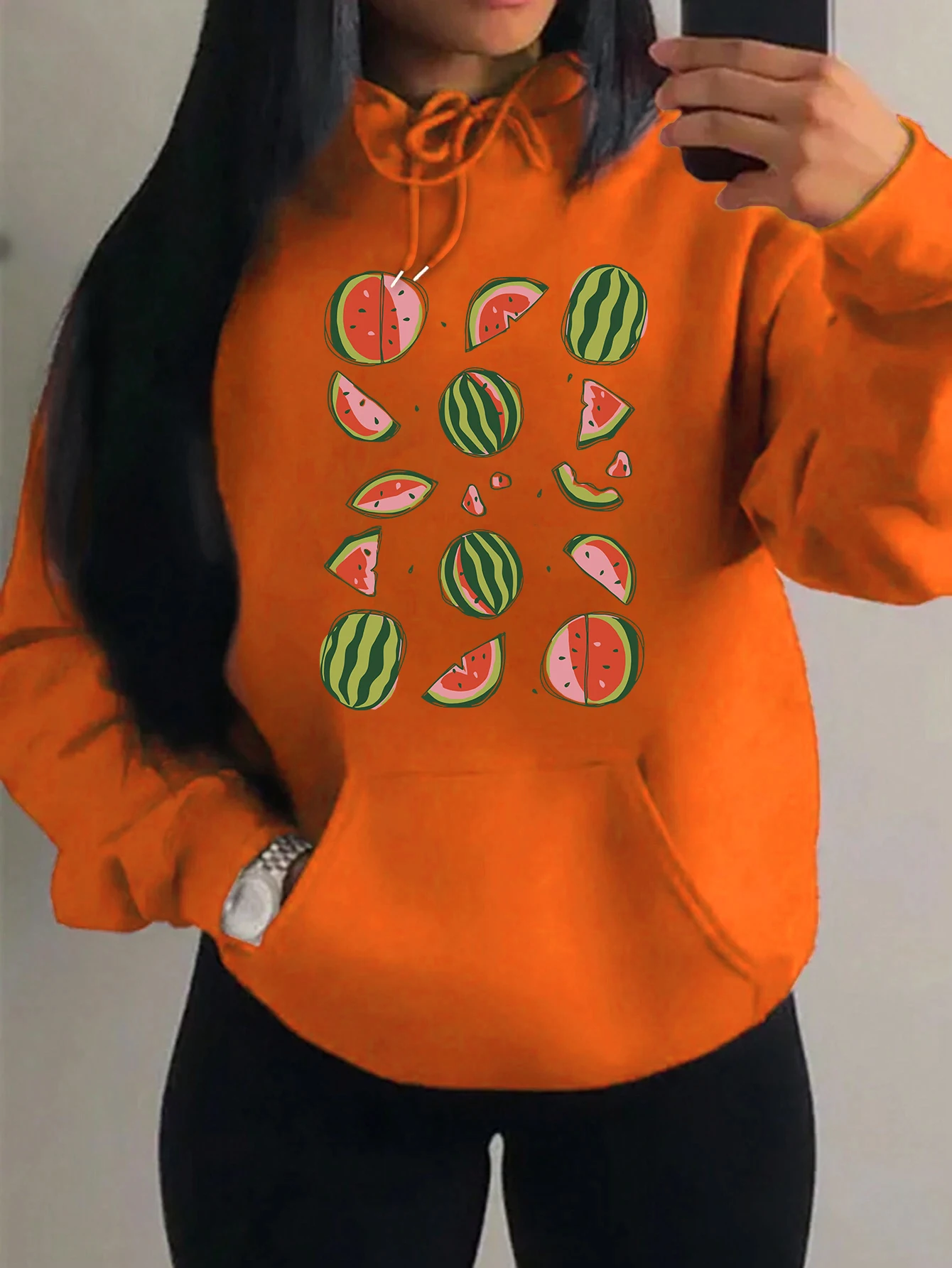 

Delicious Watermelon Cut Open Pattern Women Hoody Harajuku Autumn Streetwear Multicolor Fleece Pullovers Loose Pocket Hoodie