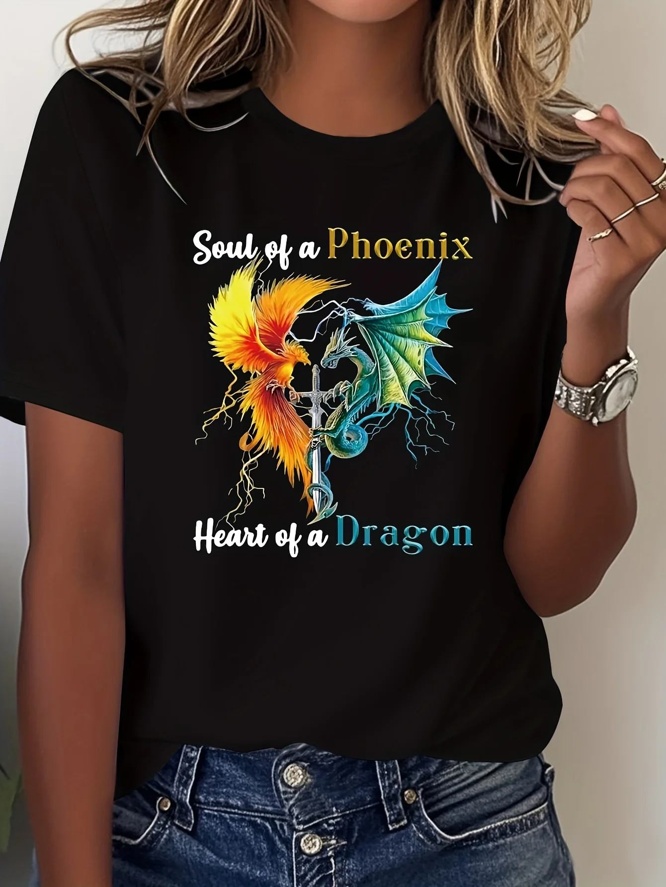 Fantasy and Power Atmosphere Phoenix and Dragon Pattern Printed Spring/Summer Women's Fashion Casual Comfortable T-shirt