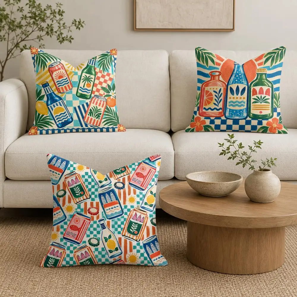 Poolside Bottles Cushion Cover Organic Linen Throw Pillow Cover - Double-Sided Print Breathable Cushion Case Home Decor