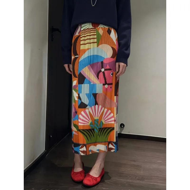 Miyake Pleated Printed Skirt Plisse 2026 Summer New Elastic Waist Jupe Slim High Waist Mid-Length Skirt Pleats Textured Design