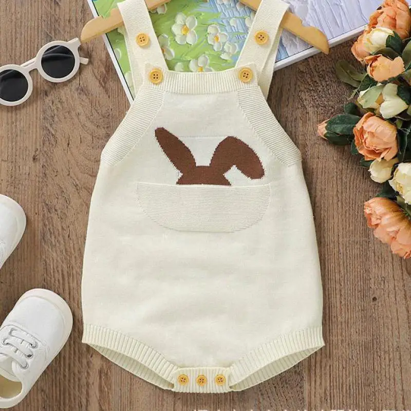 

2024 Spring Summer Fashion Infant Cute Rabbit Knitted Suspenders Bodysuit Newborn Boy Girl Baby Cartoon Cotton Knitting Onesie