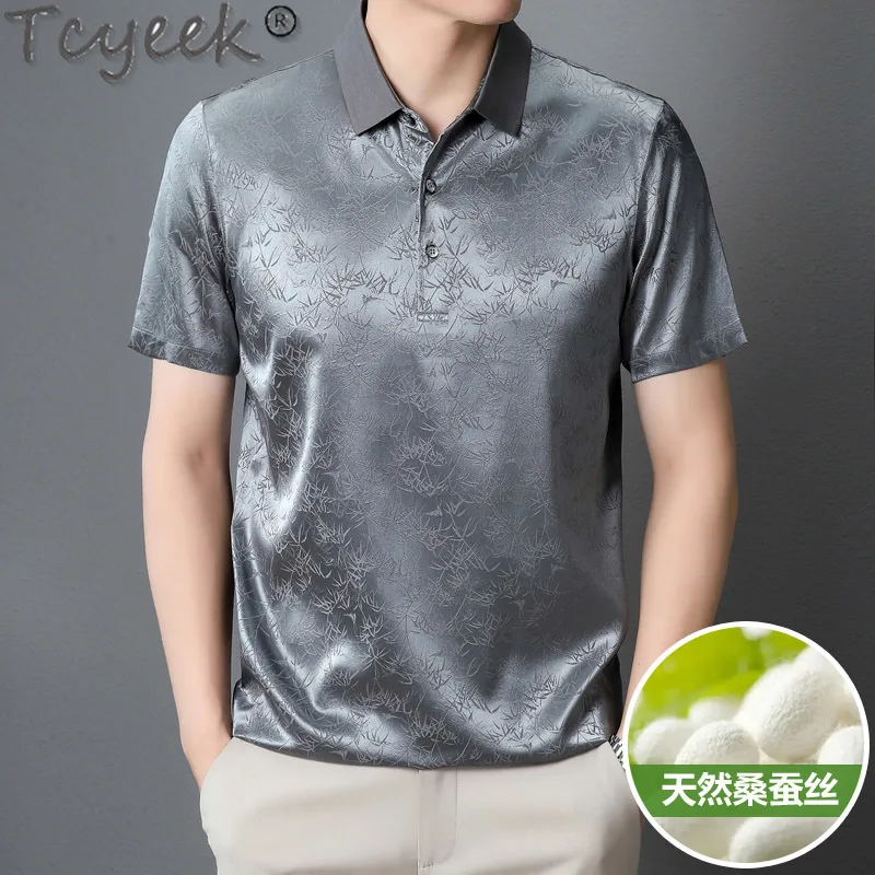 Tcyeek 92% Mulberry Silk T-shirt Men Fashion Short Sleeve T-shirts Summer Clothes Male Polo T Shirt Thin Style Top Homme 2024