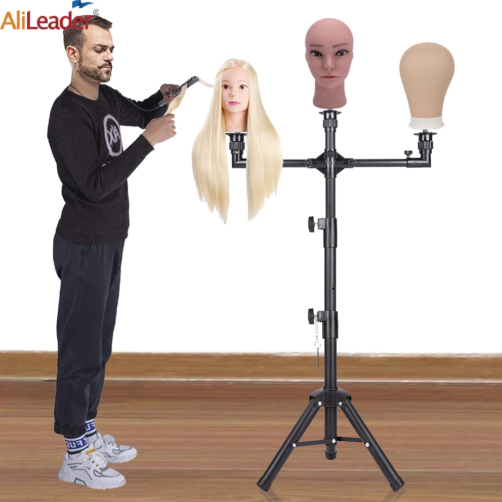 Wig Tripod Stand Adjustable Mannequin Head Tripod 3-Head Canvas Head Stand Holder Display For Salons Hairdressing Training Black