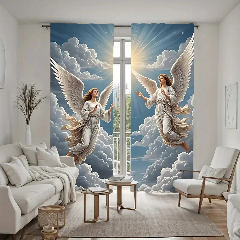 Sky Gate Cloud Angel Cross Pattern Printed Decorative Curtains, Washable, Durable and Easy to Hang, Suitable for Living Room