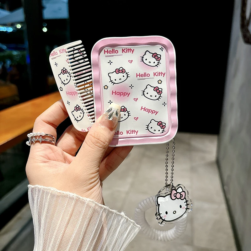 New Sanrio Hello Kitty Cat Folding Makeup Mirror Comb Portable Travel Pendant Handheld Mirrors Gift Makeup Tools