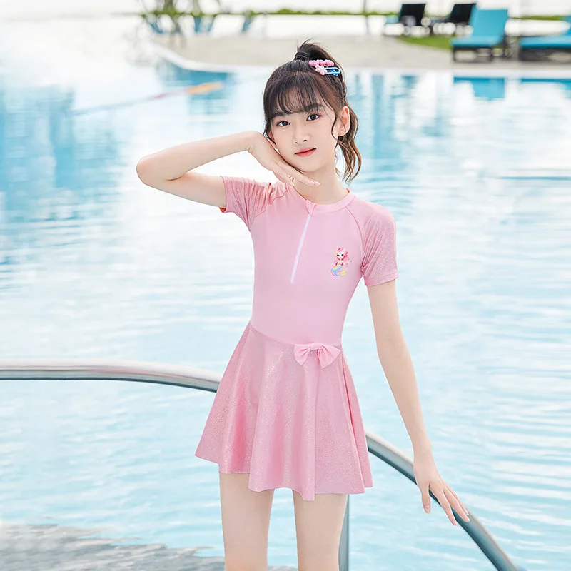 Children Short Sleeve Sun Protection Front Zipper WaterProof Athletic Swim Skirts Girl Quick-Drying Beach Bathing Surfing Suit