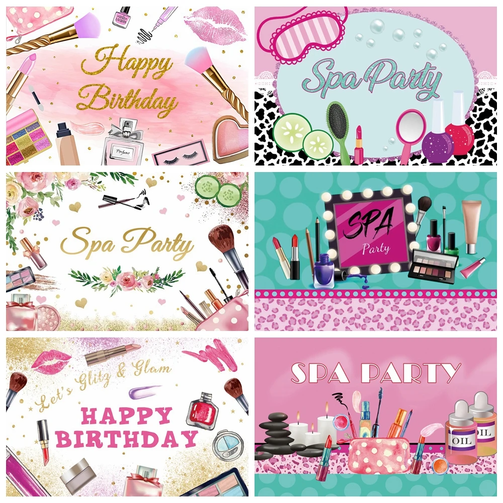 Spa Party Theme Photography Backdrop Cartoon Pink Beauty Makeup Women Girls Birthday Decor Photographic Background Photo Studio