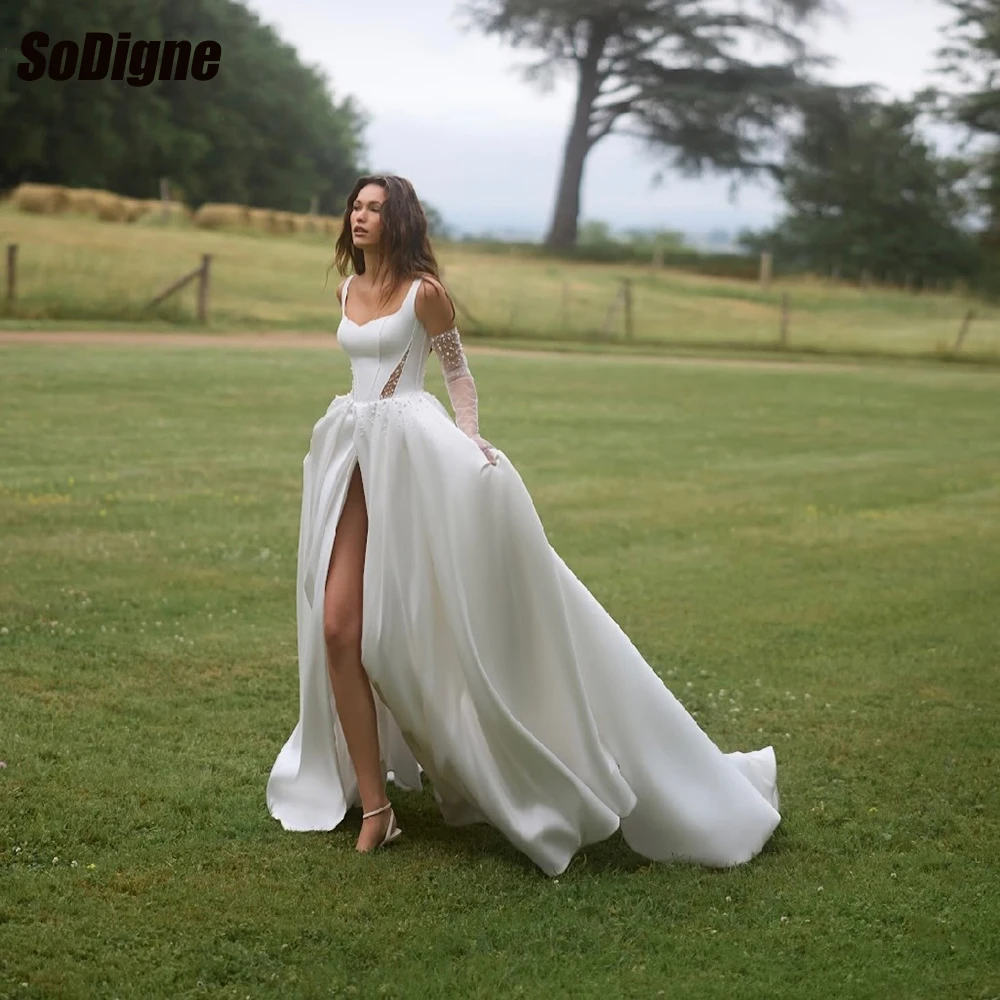 

﻿ SoDigne A-line Satin Wedding Dresses Sleeveless Pearls Bridal Dress 2026 Split Bride Gown vestidos de novia Customized