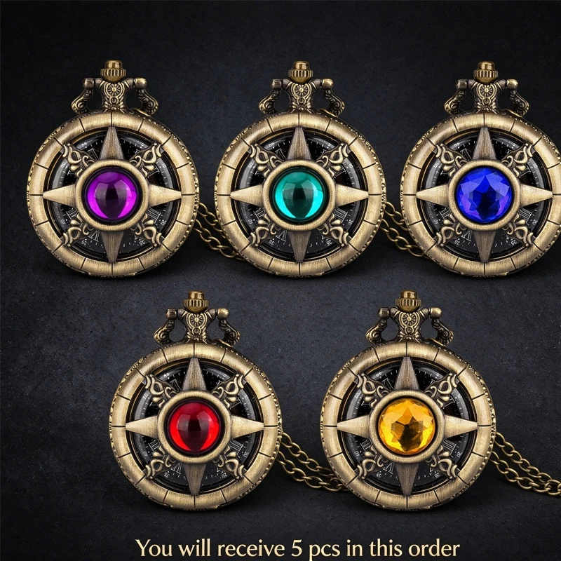 5pcs-vintage-bronze-pentagram-pocket-watch-crystal-gem-quartz-pendant-set