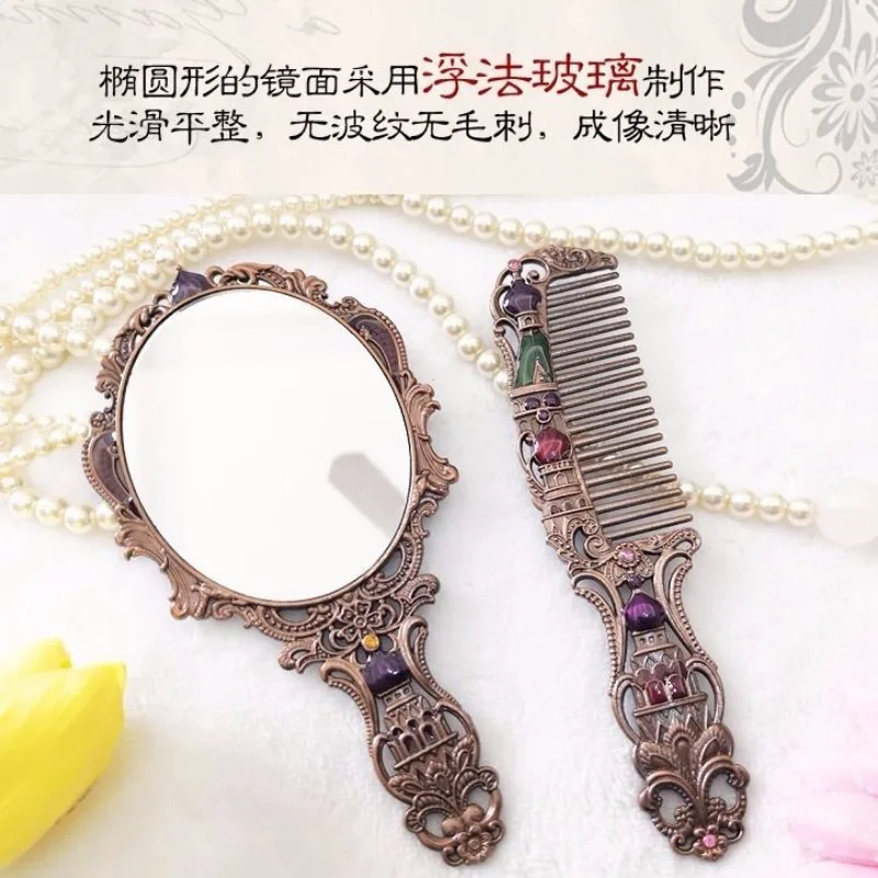 Russian Handle Mirror Comb Set, Vintage Retro, Luxury Exquisite Carving Metal Makeup, Portable Mini Pocket Mirrors for Gifts