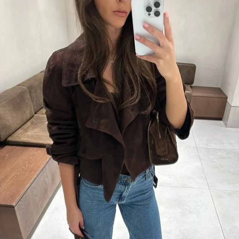 Tuularose Vintage Suède Jas Vrouwen Herfst Mode Nieuwe Solid Lace Up Slanke Jas Jas High Street Luxe Commuter Vrouwen Uitloper