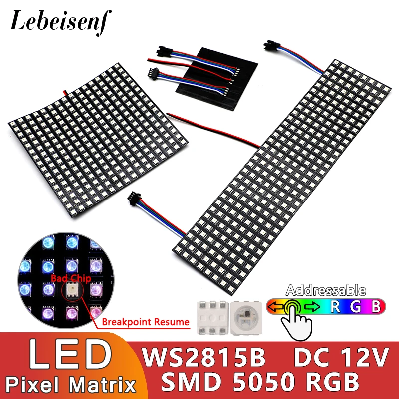 

12V WS2815 Flexible RGB 5050 LED Matrix Pixels Screen Breakpoint Resume 8x8 64 Lamp 16x16 8x32 256 Light Dotstar Digital Display