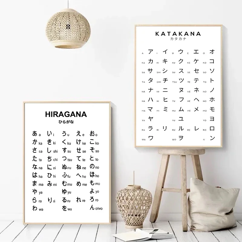 

Black White Japanese Alphabet Poster Prints Japan Picture Hiragana and Katakana Chart Art Canvas Painting for Room Home Decor