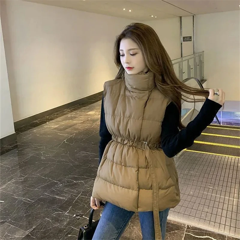 Autumn Winter Down Cotton Waistcoat Coat 2023 New Fashion Loose Button Zipper Jacket Frenulum Pocket The Waist Outerwear Female