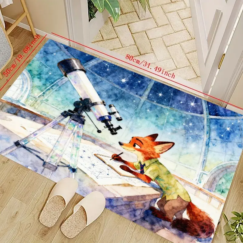 

1PC Cute Cartoon Fox Stargazing Telescope Floor Mat, Whimsical Watercolor Starry Night Sky Area Rug for Kids Bedroom Living Room
