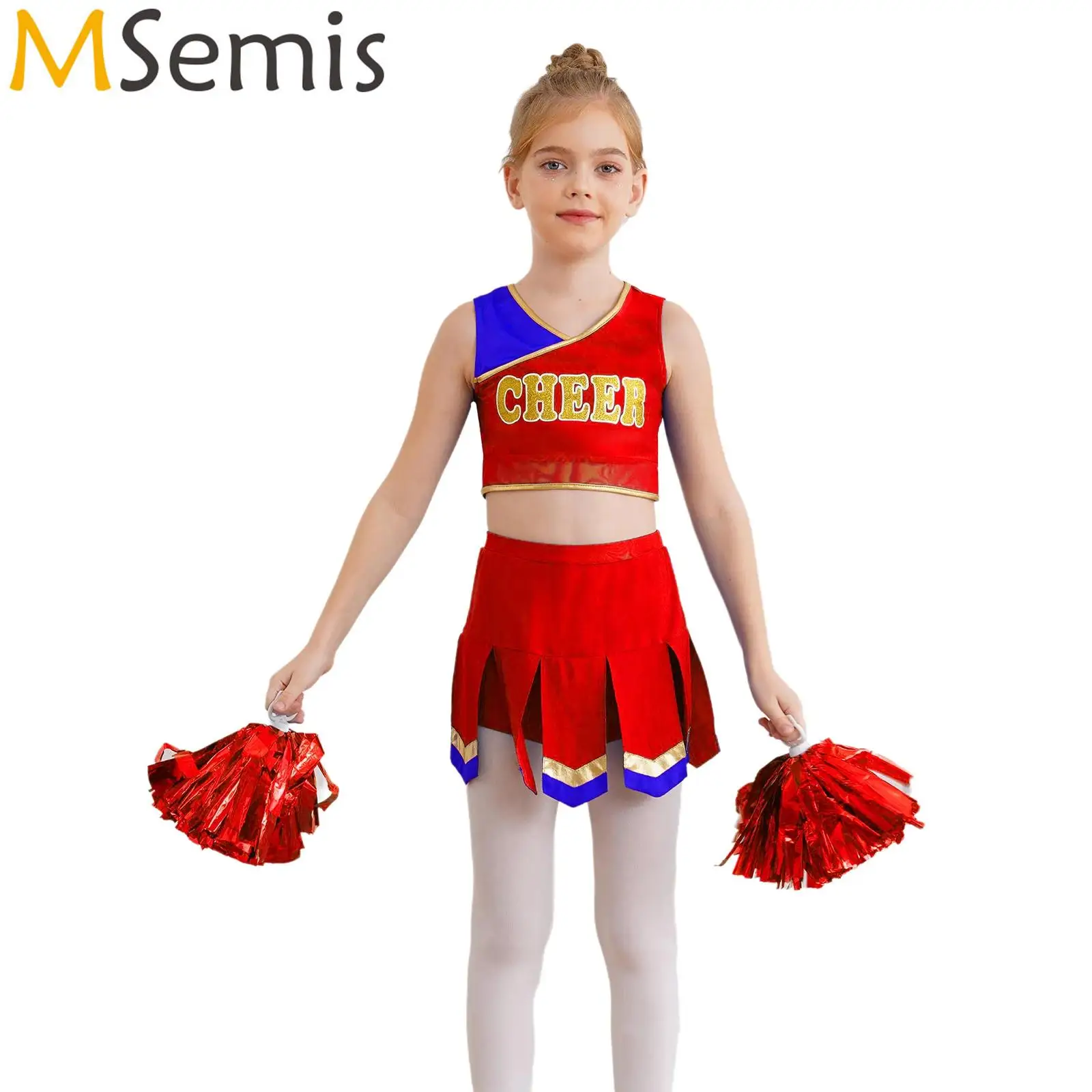 

3Pcs Girl Cheer Leader Costumes Cheerleading Uniform Tank Top Dance Skirt Cheer Uniform Dance Outfit And Tassel Hand Flowers Set