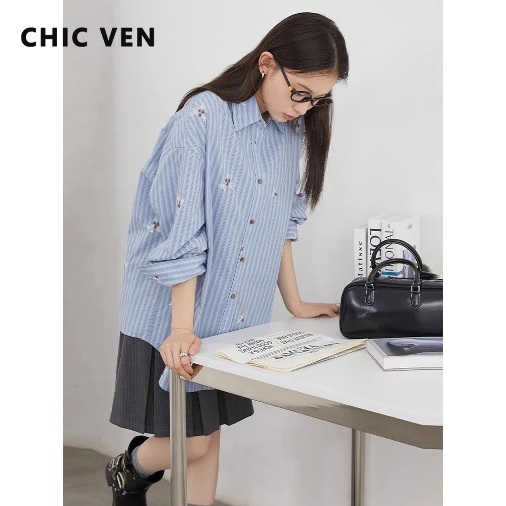 

CHIC VEN женские рубашки корейские повседневные свободные полосатые блузки с длинными рукавами и вышивкой женская хлопковая одежда весна осень новинка 2025