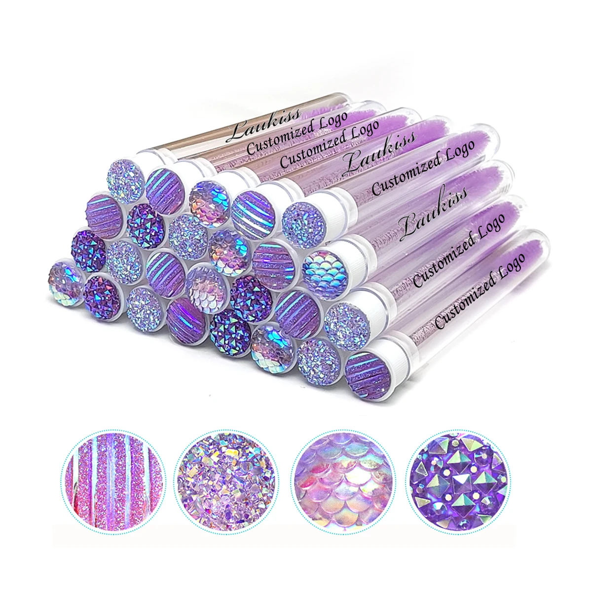 Customized Eyelash Brush Tube 40pcs Reusable Diamond Eyelash Wands Eyebrow Brush Replaceable Dust-proof Sparkling Broken Bottom