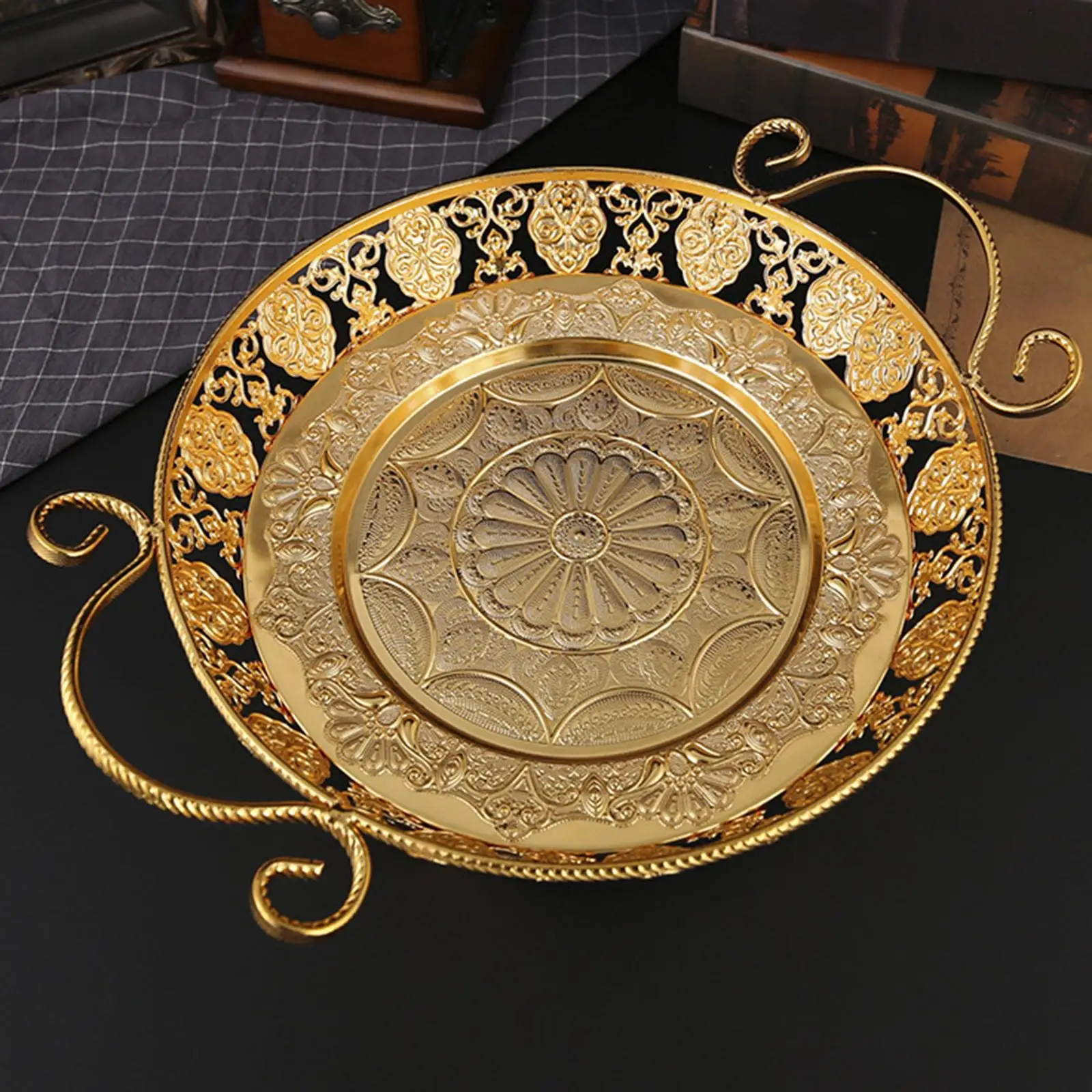 

Корзина с фруктами, свадебные аксессуары для торта, Золотая круглая тарелка, декор для закусок, сервировочный поднос