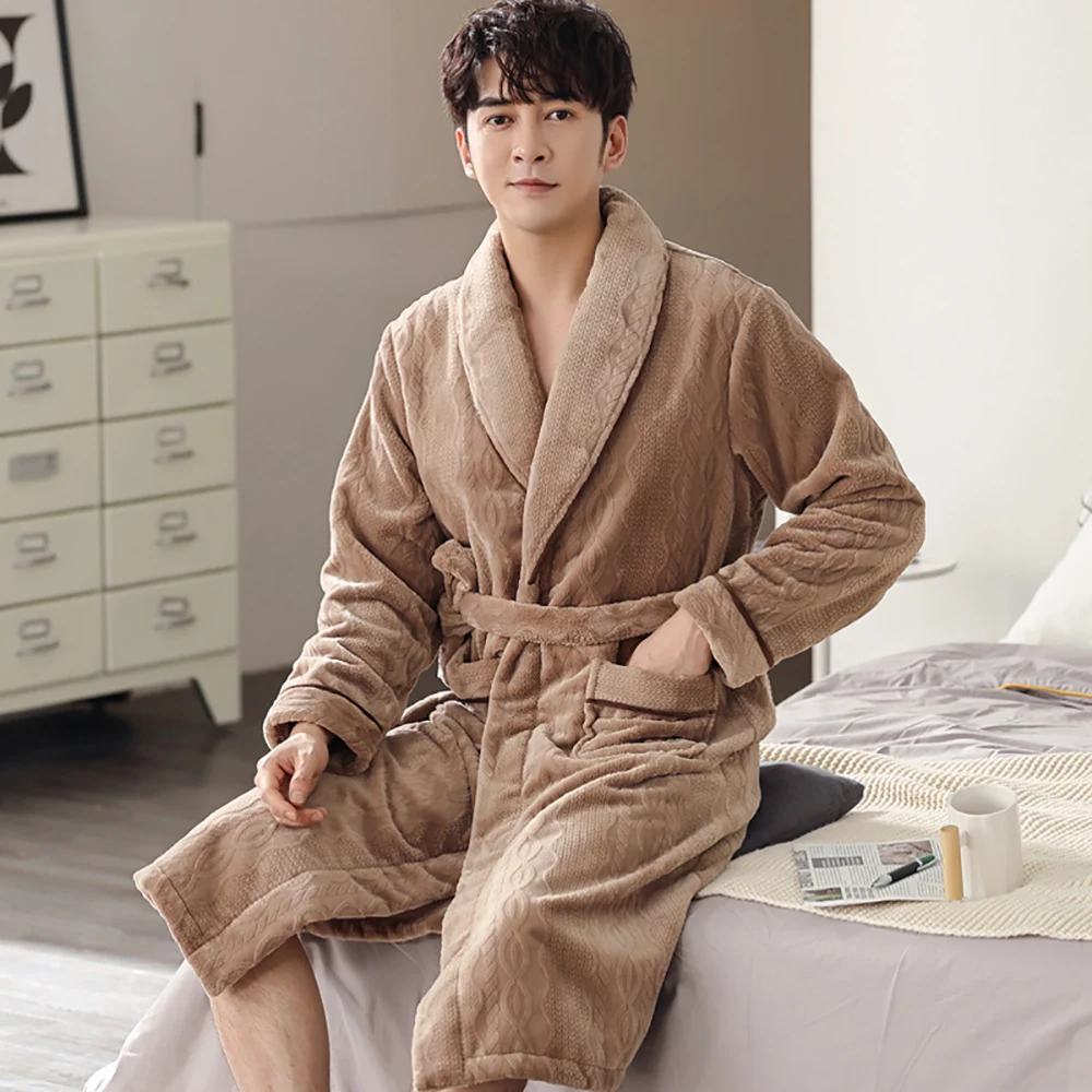 

Winter Super Thicken Double-side Flannel Plus Plush Warm Bathrobe Man Casual Loose Solid V Neck Sleepwear Comfort Shower Robe