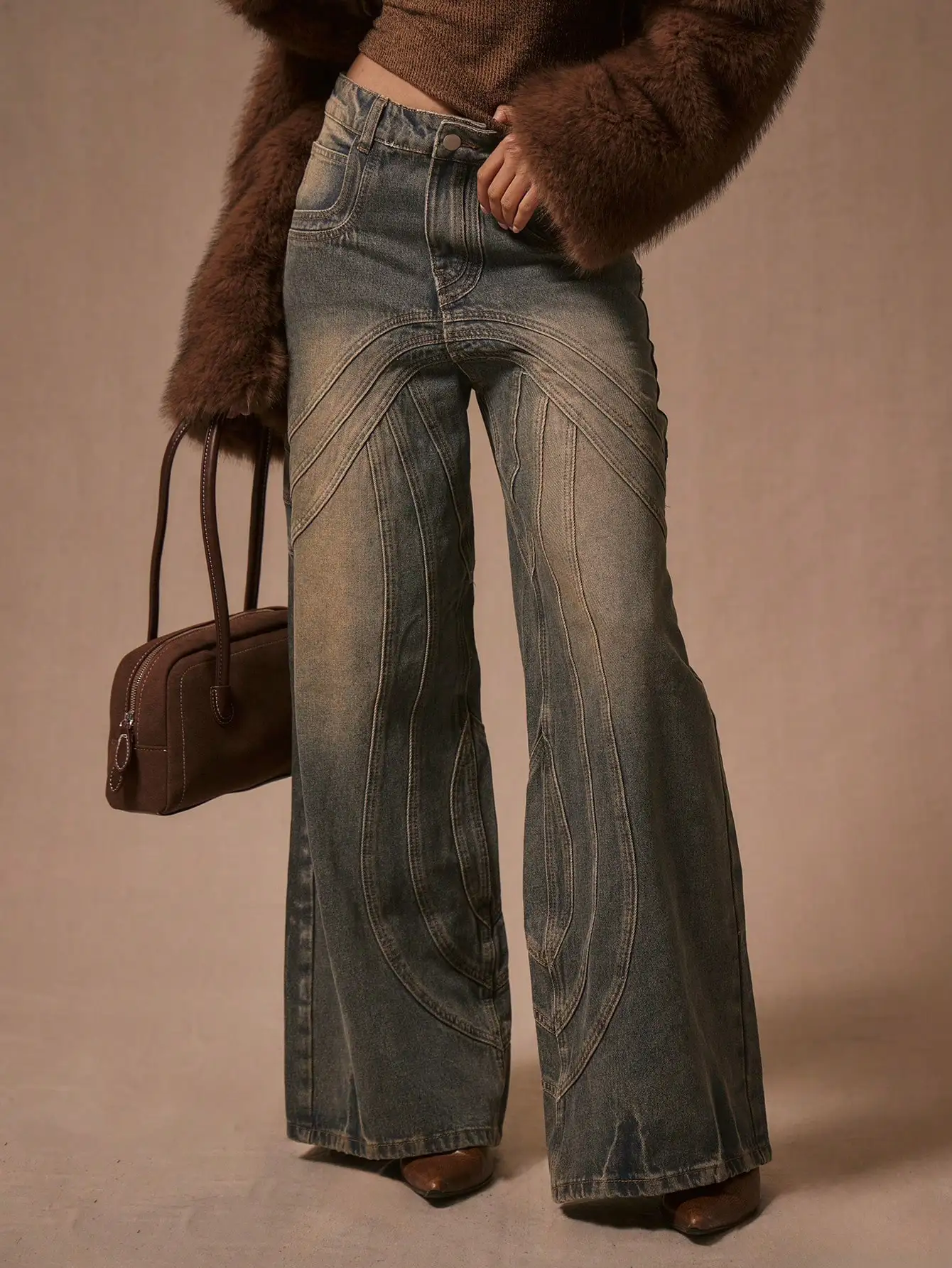 

Широкие джинсы Y2K с контрастной строчкой, высокая талия, свободный крой для фестивалей и повседневной носки