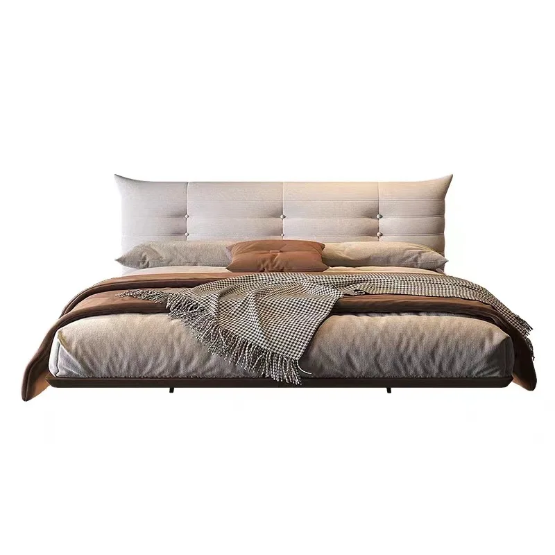 

solid wood floating bed, cream style master bedroom, light luxury induction light, double wedding bed