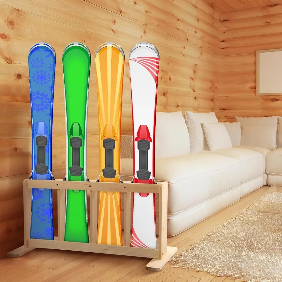 Portaoggetti da sci in legno Organizzatore da sci indipendente Porta sci per supporto da pavimento per garage Supporti da sci Supporto da pavimento per sci per 4 stivale da sci