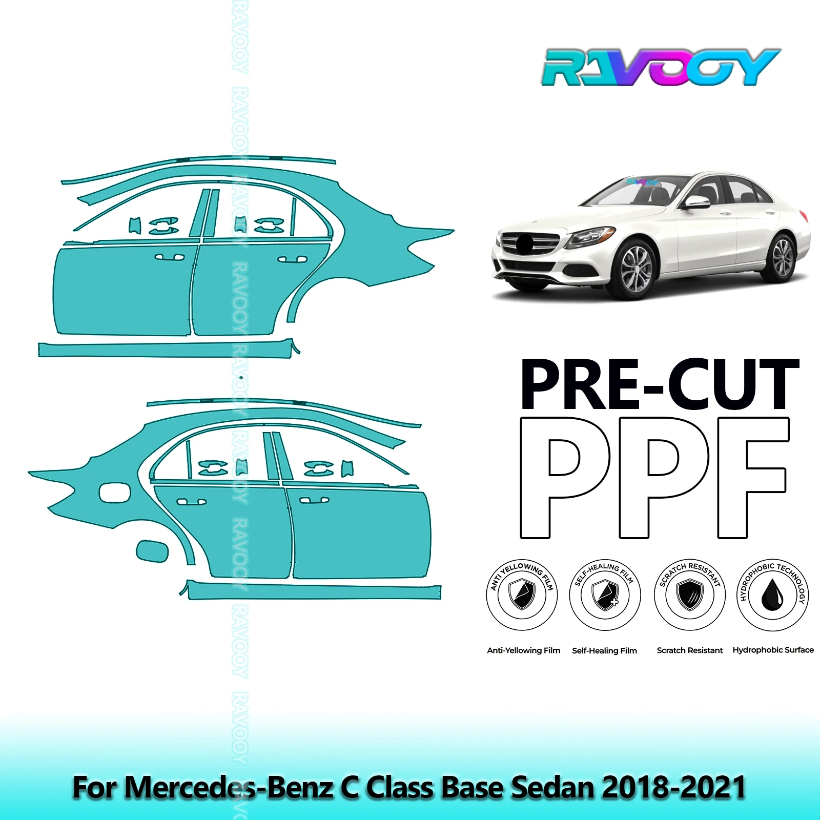 

For Mercedes-Benz C Class Base Sedan 2018-2021 8.5mil Pre-Cut PPF Door & A/B Pillar Kit TPU Paint Protection Film Set