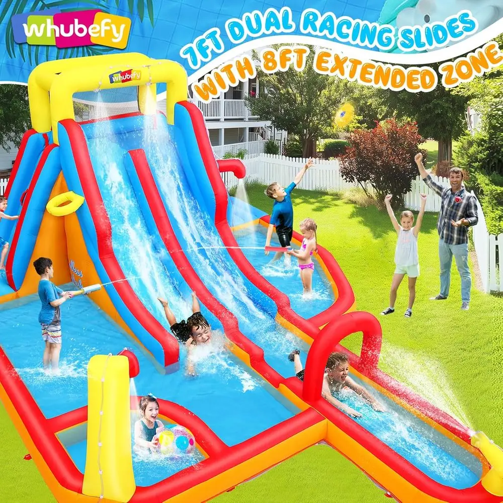 Corso di ostacoli con scivolo d'acqua a doppia corsia Iatable per cortile dei bambini Parco acquatico grande da 18'x14', acque extra lunghe da 15 piedi