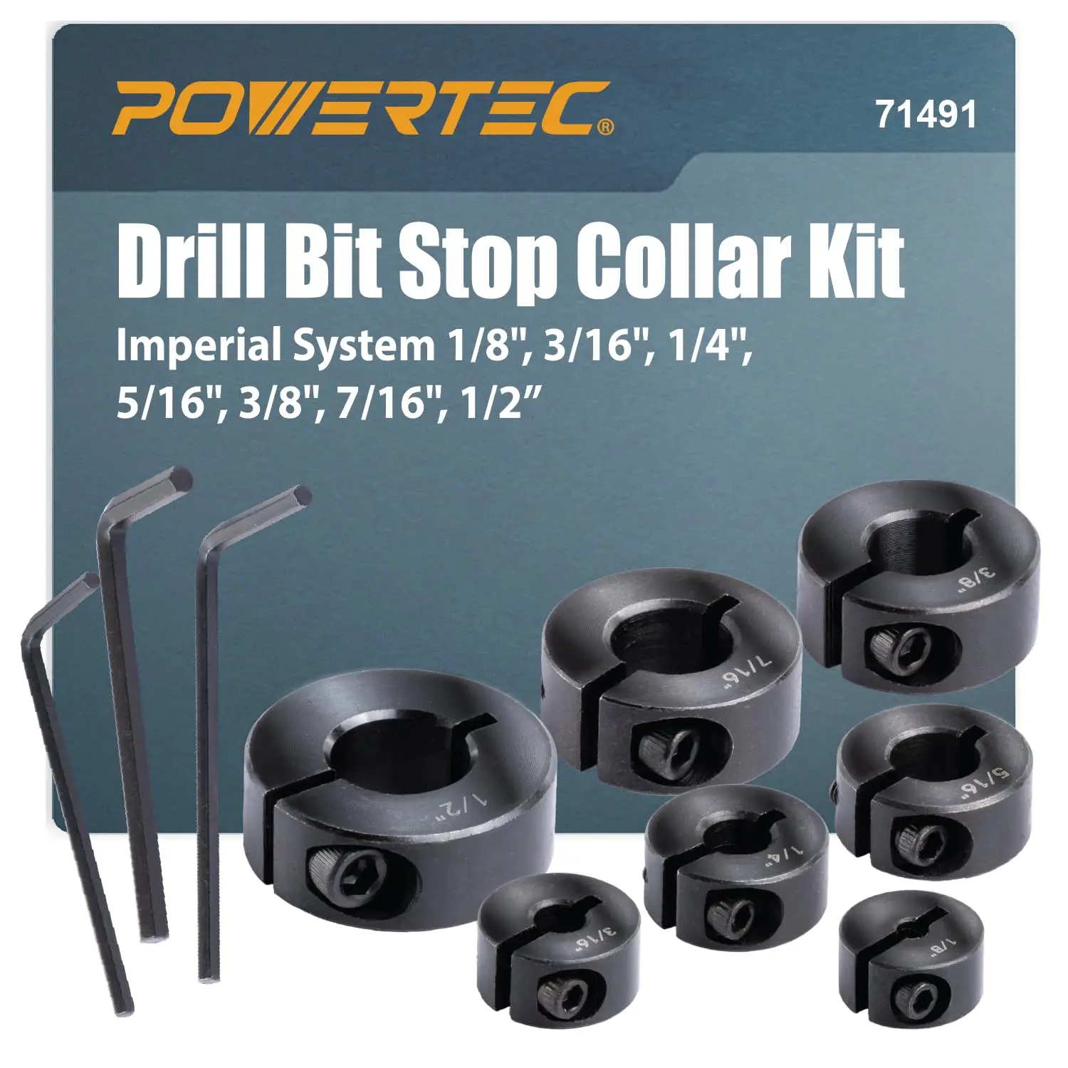 

7-Piece Adjustable Drill Bit Depth Stopper Set with Allen Wrench, Imperial Sizes 1/8" to 1/2", Precision Tool