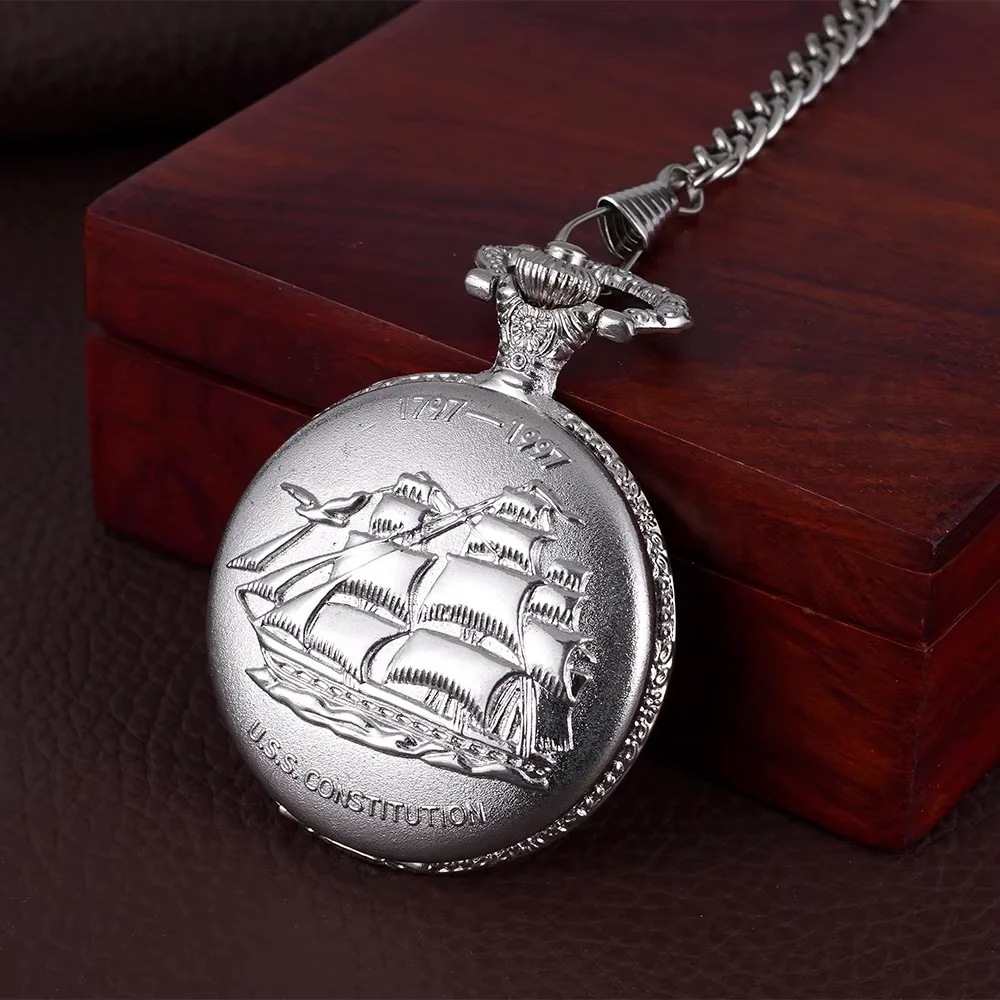 Large thick chain silver shell relief galleon sailing implied flip pocket watch quartz watch hang watch