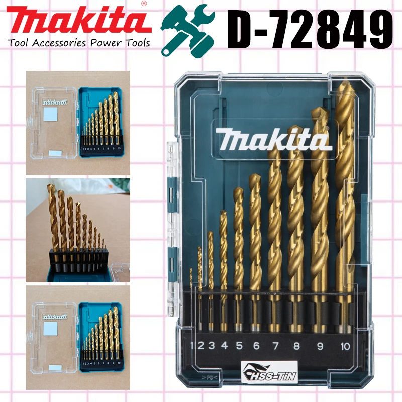 Makita D-72849 10PCS HSS-TiN Titanium Drill Bit Set 1-10mm Metric Twist Drill Bits for Metal Wood Plastic with Storage Case