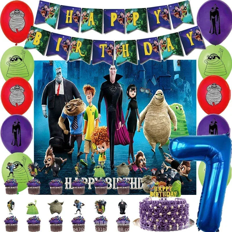 Spirit Hostel Theme Transylvania Birthday Party Decoration Latex Foil Balloon Photograph Backdrop Banner Cake Topper Baby Shower