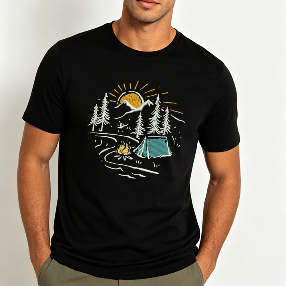 Mountain Pine Tent Campfire Sunrise Scene Men Summer T Shirt Rustic Outdoor Adventure Graphic Casual Daily Holiday Tee