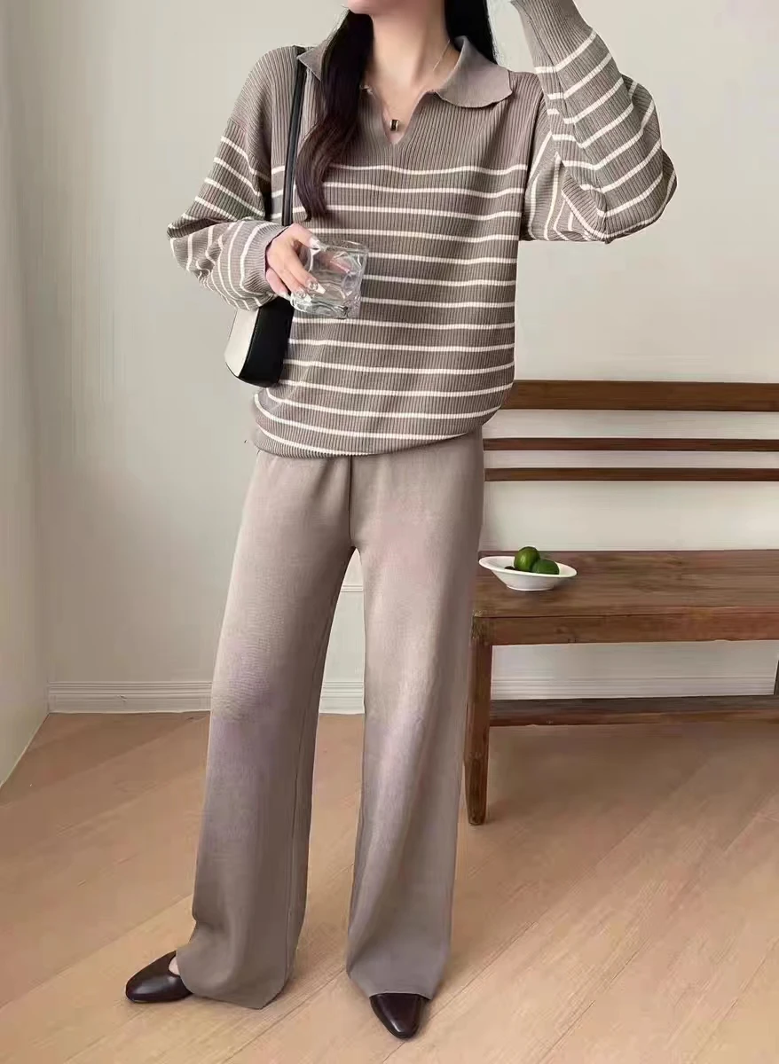 New Casual coreano moda pantalone lavorato a maglia set donna a righe risvolto manica lunga Pullover allentato maglione + pantaloni gamba larga tuta