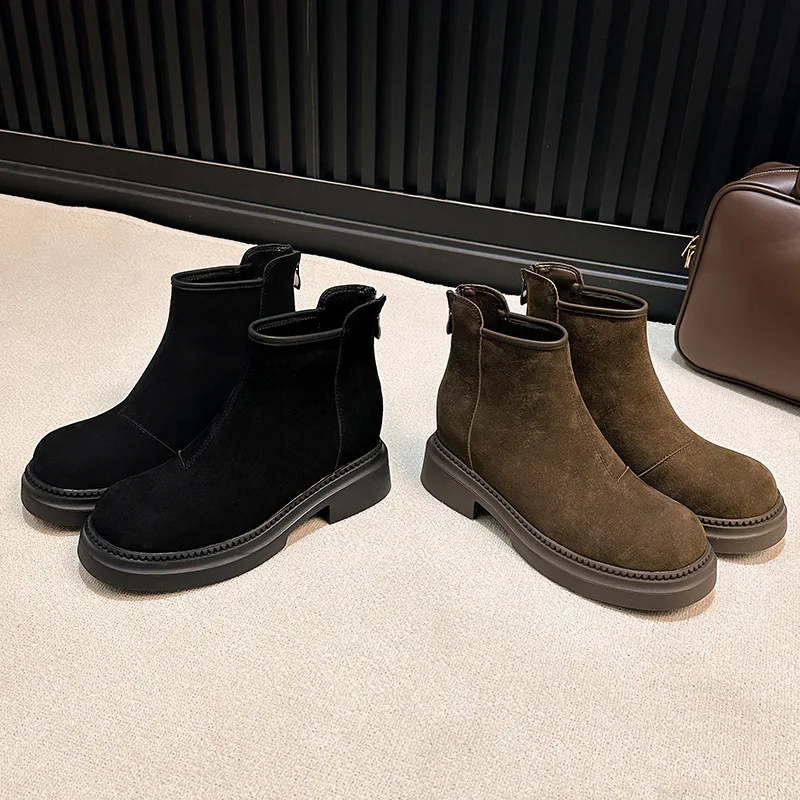 

Женские ботильоны с кожаной стелькой, увеличивающие рост, осенняя удобная универсальная обувь, матовые кожаные ботинки в стиле ретро на толстой подошве