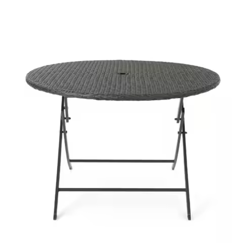 Multibrown Circular Folding Faux Rattan Outdoor Patio Dining Table 48 for Balcony, Home Bar, or Deck
