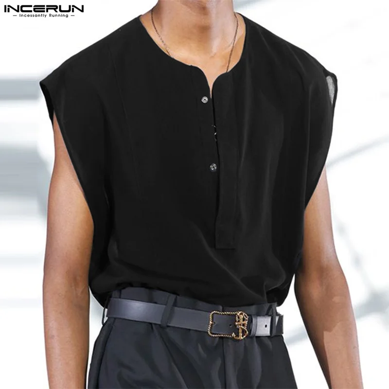 INCERUN Men Shirt Solid Color Sleeveless Streetwear Button Casual Men Clothing 2024 Summer Loose Fashion Camisa Masculina S-5XL