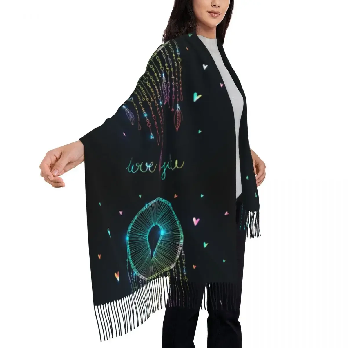 Valentines Day Sparkling Dream Catcher With Heart Shape Women's Pashmina Shawl Wraps Fringe Scarf Long Large Scarf