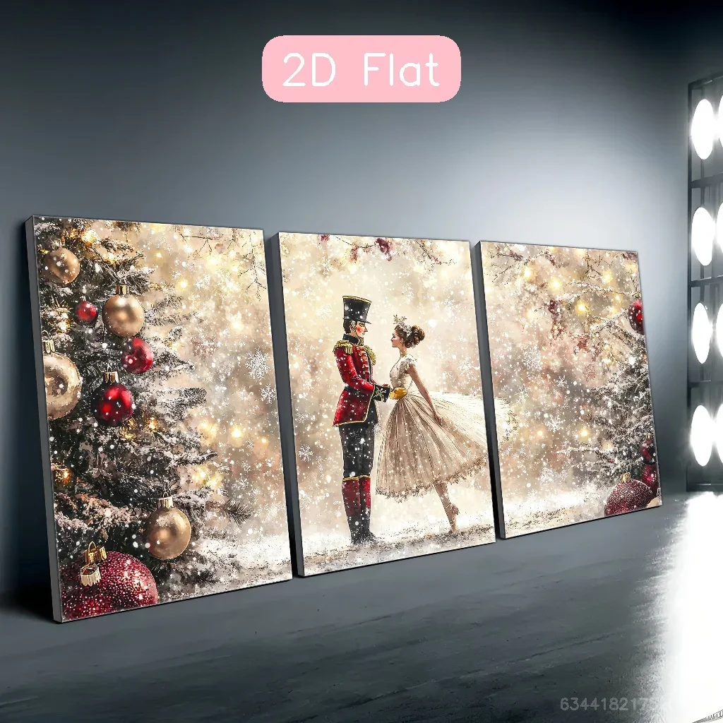 （Unframe 3PCS）-2D Flat, 2D Flat, Canvas Print Poster Featuring a Vintage Nutcracker Ballet Scene, Framed in Wood. Ideal for C