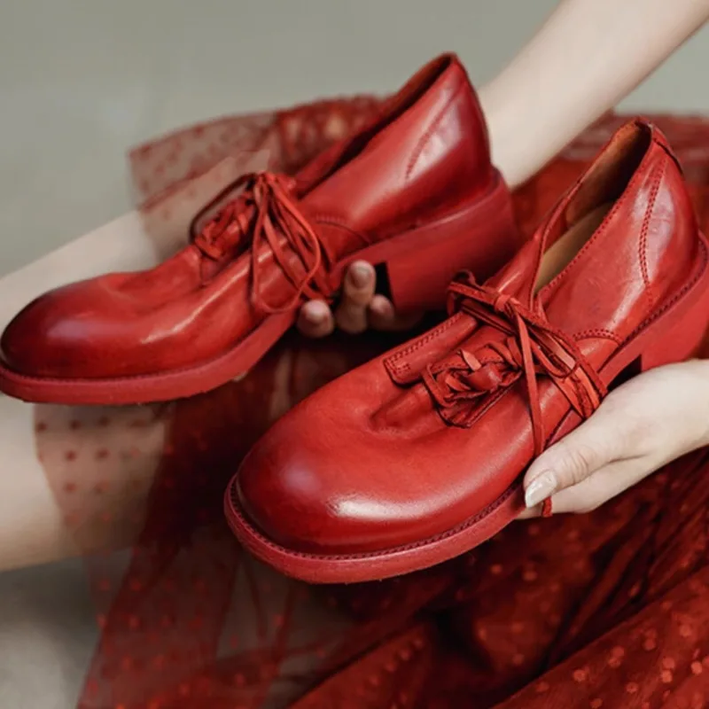 

Handmade Genuine Leather Single Shoe Women Washed Horsehide Retro British Style High Heels Female Leather Shoes Pumps