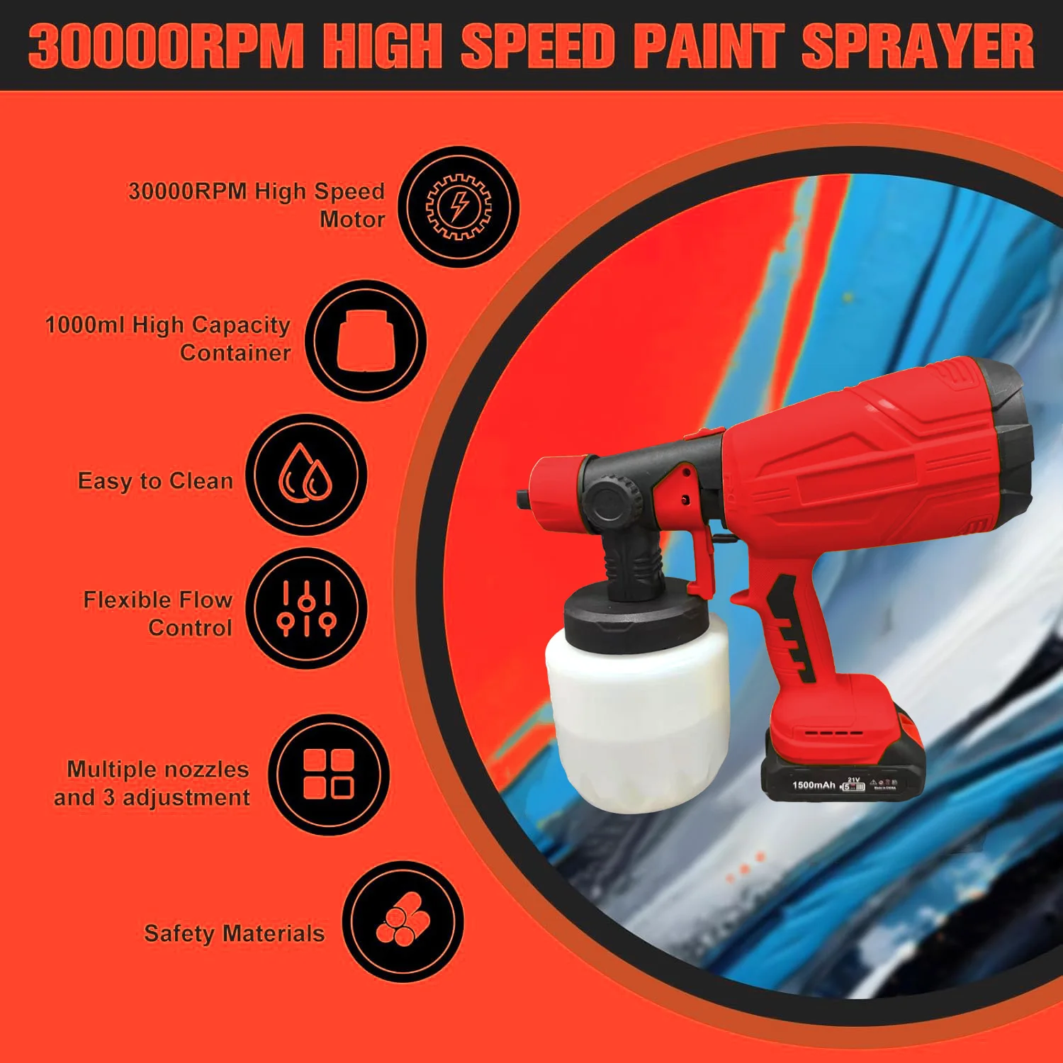 Paint Sprayer, HVLP High Power Electric Spray Paint Gun with 1000ml Container, 4 Nozzles & 3 Patterns, Easy to Clean, for Home
