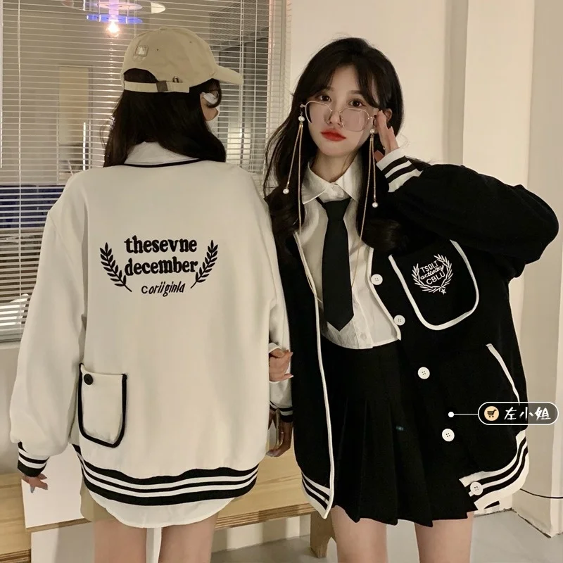 Student Girl Coat Baseball Jacket Boyfriend Spring Korean Loose Cotton Oversized American Versatile White Long Sleeved Cardigan